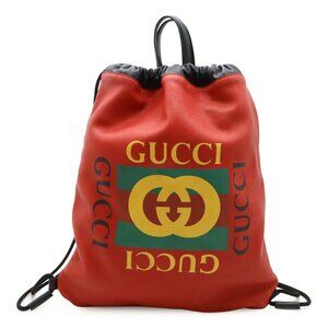 Gucci Print Drawstring Backpack Rucksack Tote Bag Leather Red Black 516639